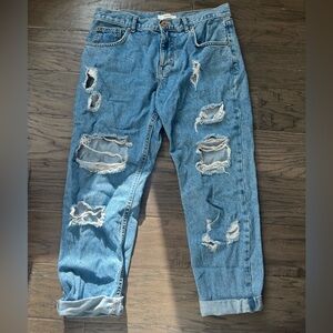 Forever 21 Light Blue Distressed Straight-Leg Denim Jeans